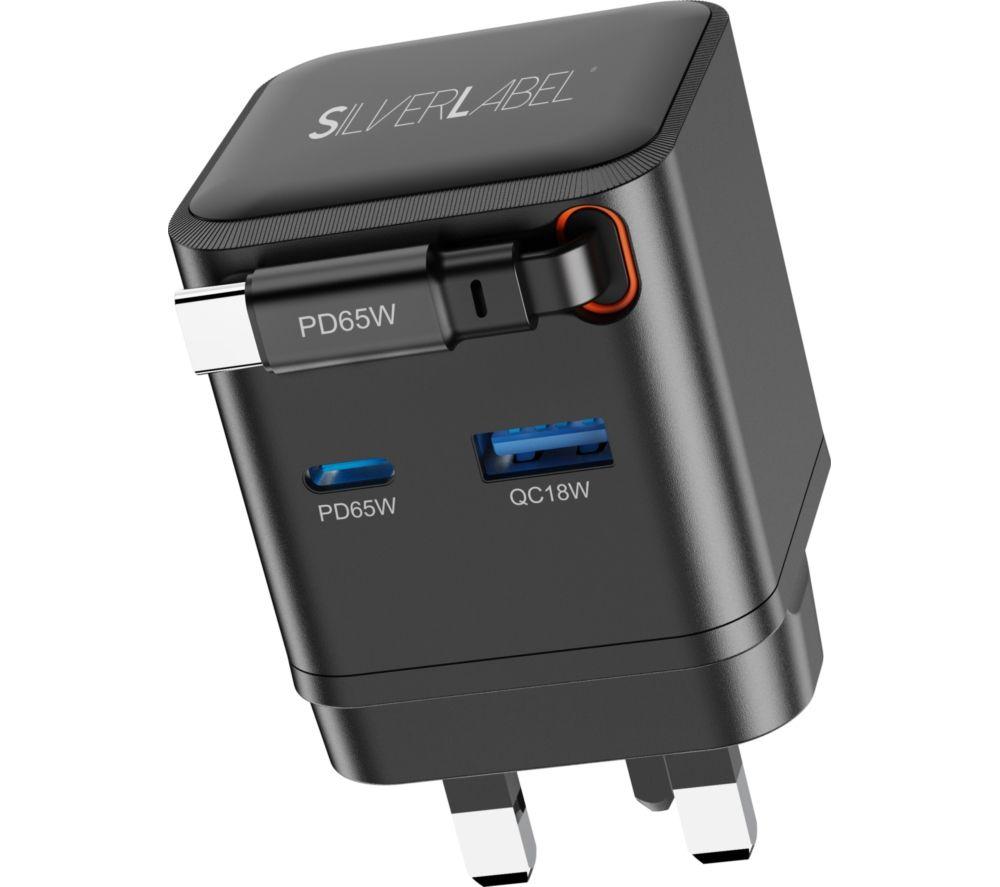 SILVERLABEL E71029020 2-in-1 65 W Dual USB Type-C & Type-A GaN Charger - Black, Retractable Cable