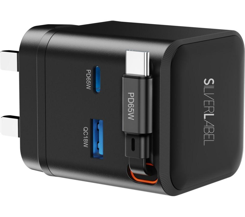 SILVERLABEL E71029020 2-in-1 65 W Dual USB Type-C & Type-A GaN Charger - Black, Retractable Cable image number 2 of 6