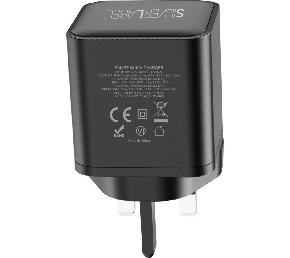 SILVERLABEL E71029020 2-in-1 65 W Dual USB Type-C & Type-A GaN Charger - Black, Retractable Cable image number 3 of 6