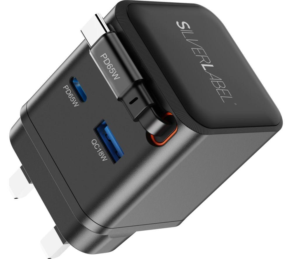 SILVERLABEL E71029020 2-in-1 65 W Dual USB Type-C & Type-A GaN Charger - Black, Retractable Cable image number 4 of 6