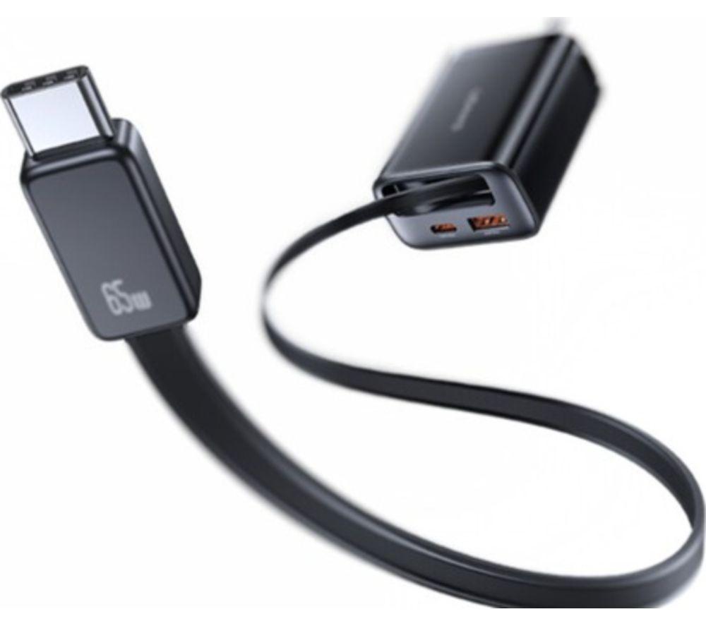 SILVERLABEL E71029020 2-in-1 65 W Dual USB Type-C & Type-A GaN Charger - Black, Retractable Cable image number 5 of 6