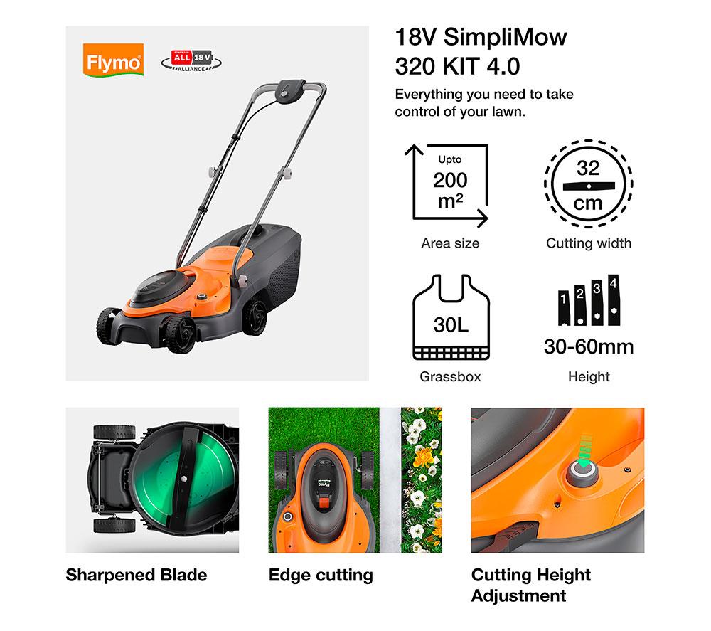 FLYMO SimpliMow 320 KIT 4.0 Cordless Lawn Mower - Orange & Black image number 2 of 3