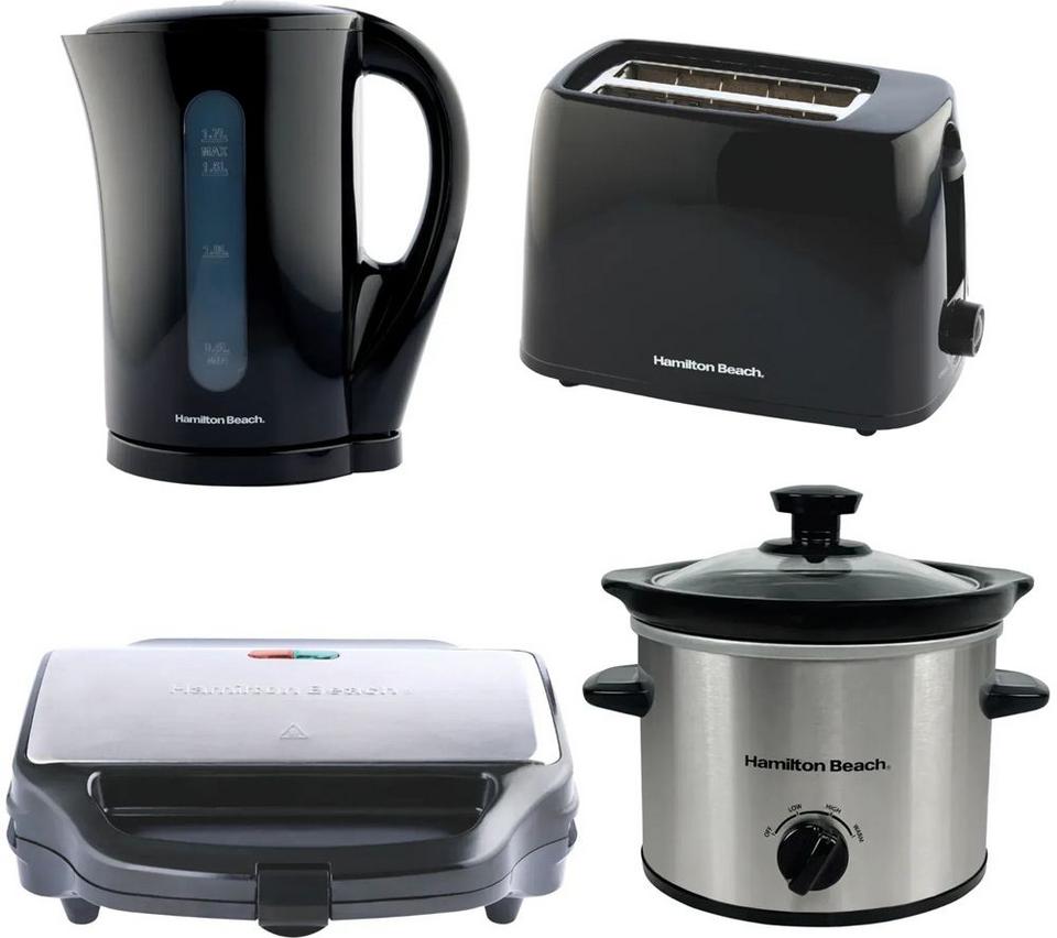 HAMILTON BEACH Essential Jug Kettle, 4-Slice Toaster, Sandwich Toaster & Slow Cooker Bundle - Silver