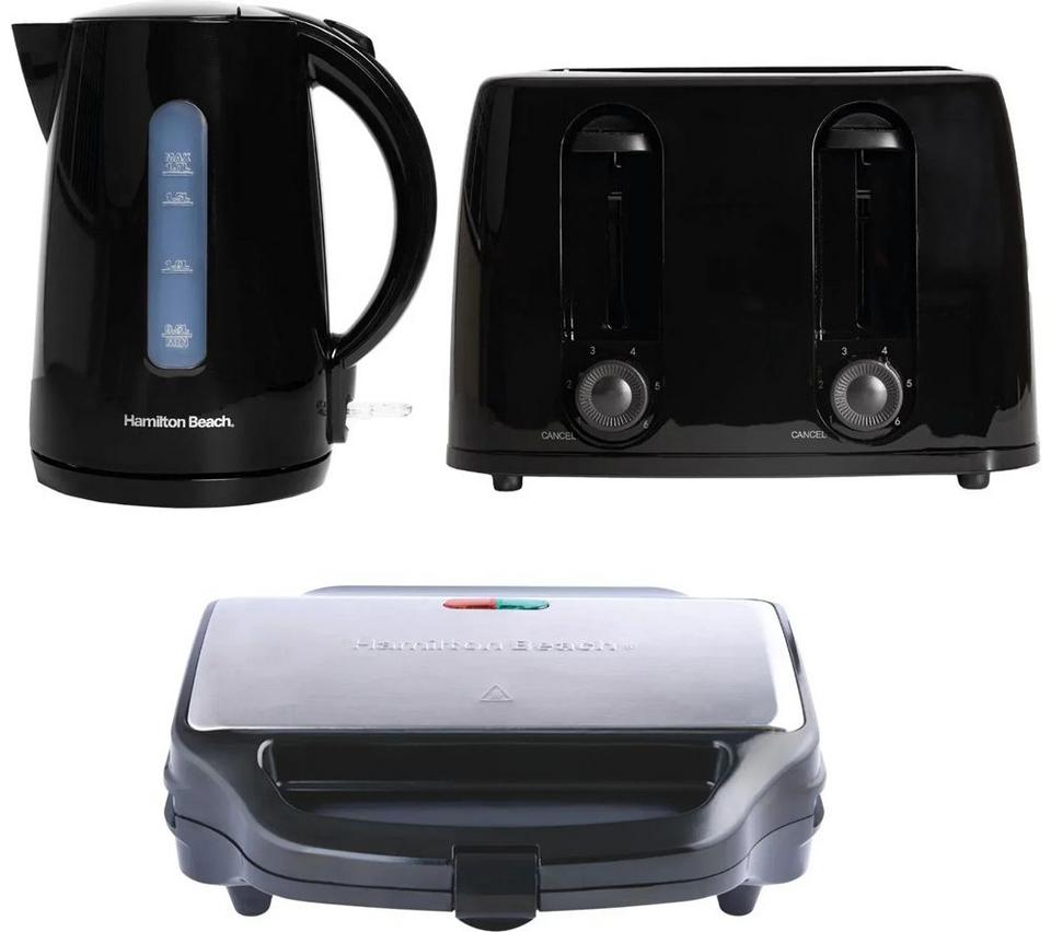 HAMILTON BEACH Essentials Jug Kettle, 4-Slice Toaster & Sandwich Toaster Bundle - Black