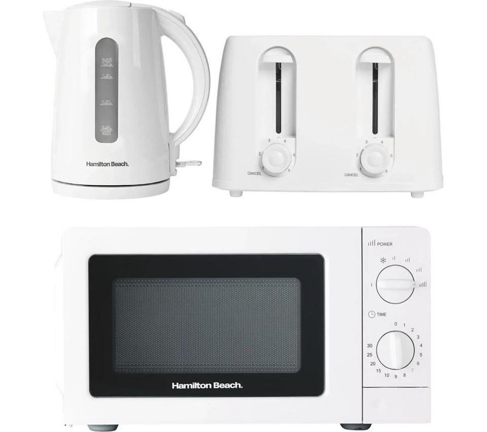 HAMILTON BEACH Essentials Jug Kettle, 4-Slice Toaster & Solo Microwave Bundle - White