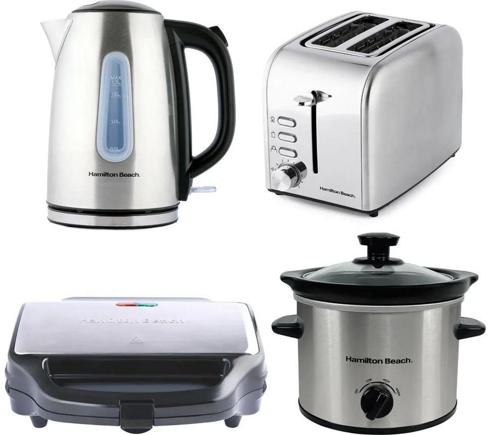 HAMILTON BEACH Rise Jug Kettle, 2-Slice Toaster, Sandwich Toaster & Slow Cooker Bundle - Silver