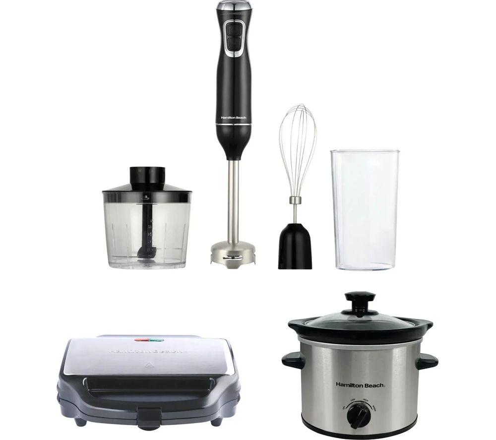 Hamilton Beach Essentials Hand Blender, Sandwich Toaster & Slow Cooker Bundle  Silver & Black, Silver/Grey,Black