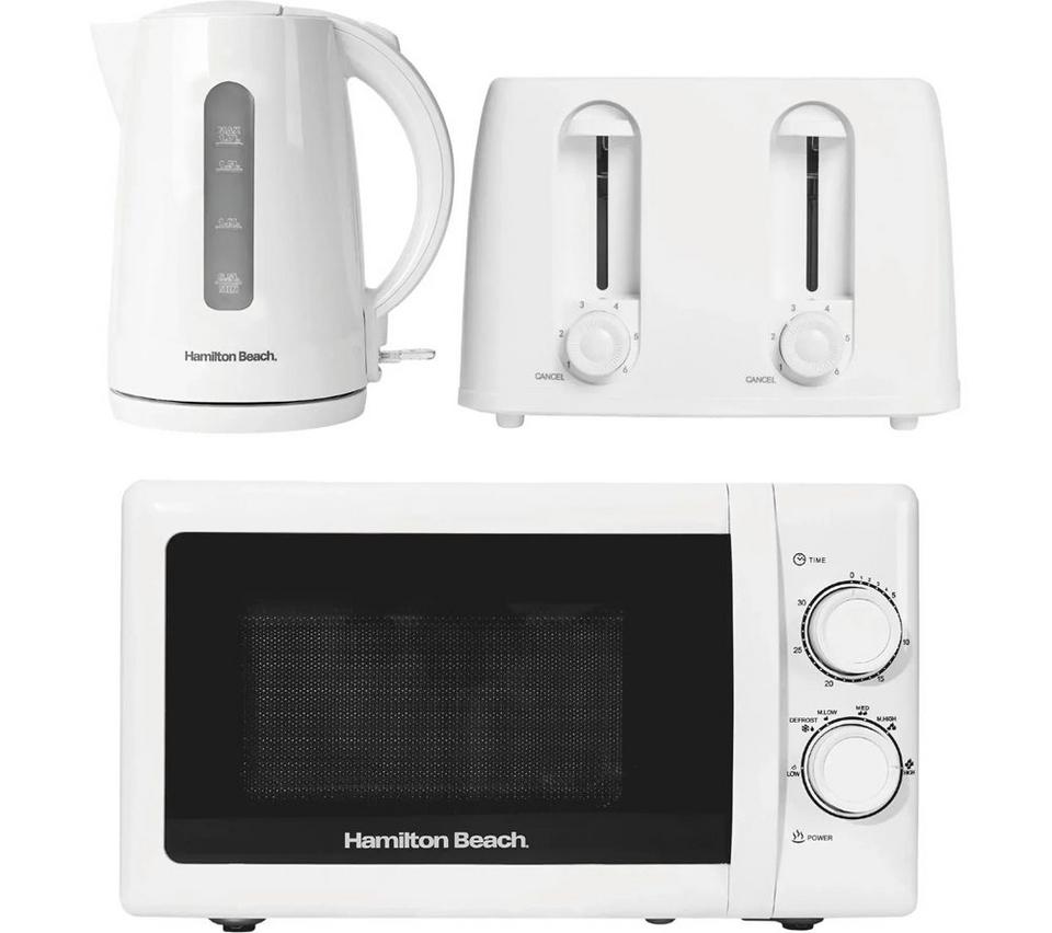 HAMILTON BEACH Essentials Jug Kettle, 4-Slice Toaster & Solo Microwave Bundle - White