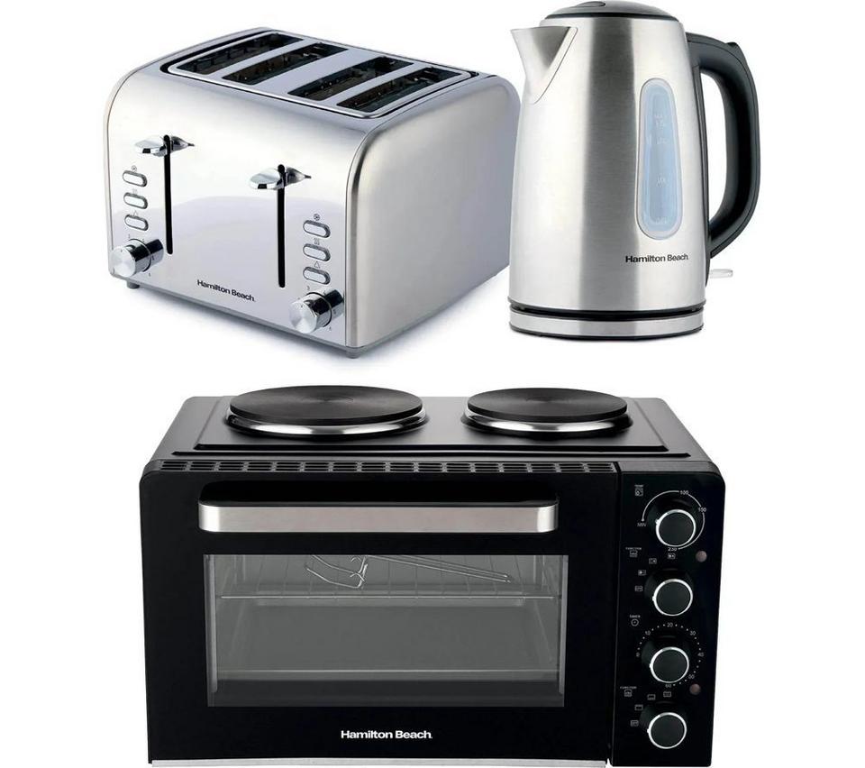 HAMILTON BEACH Rise Jug Kettle, 4-Slice Toaster & Mini Oven Bundle - Silver & Black