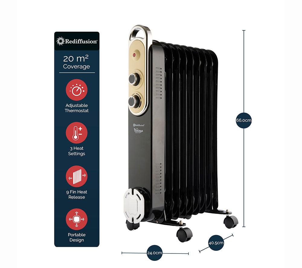 REDIFFUSION Rediffusion Vintage REDB14KBLKE Portable Oil-Filled Radiator - Black image number 11 of 11