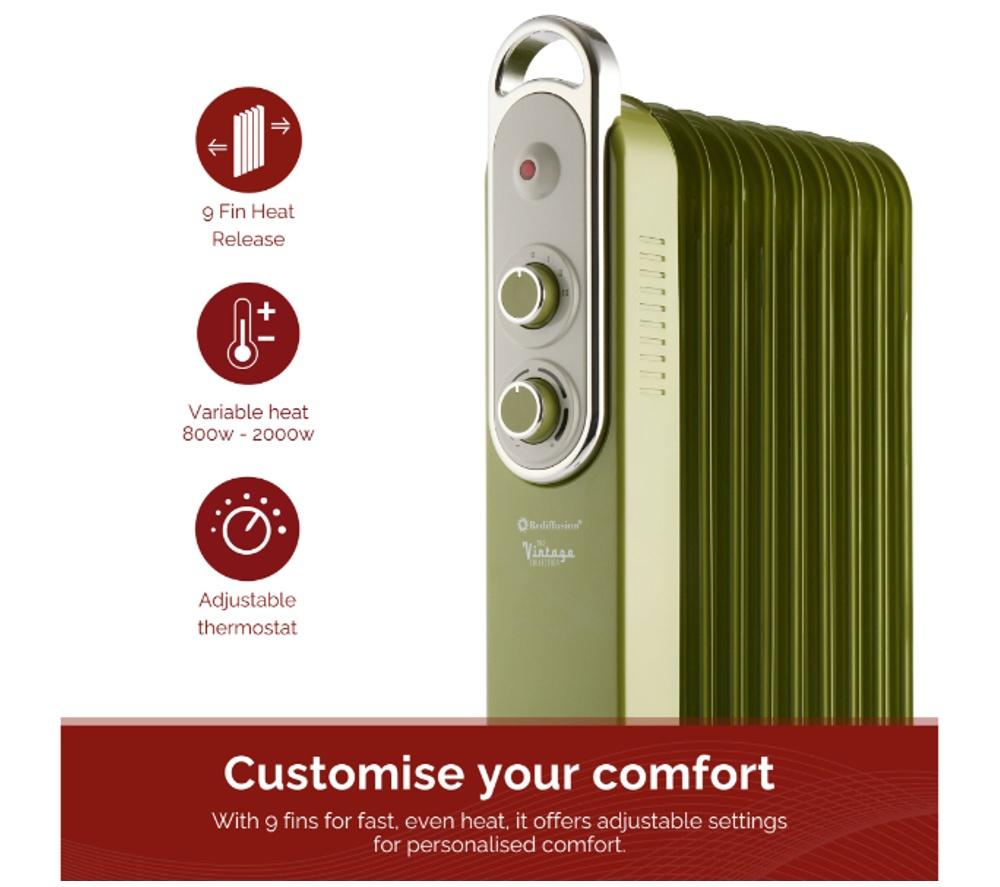REDIFFUSION Rediffusion Vintage REDB14KGRE Portable Oil-Filled Radiator - Sage Green image number 5 of 7