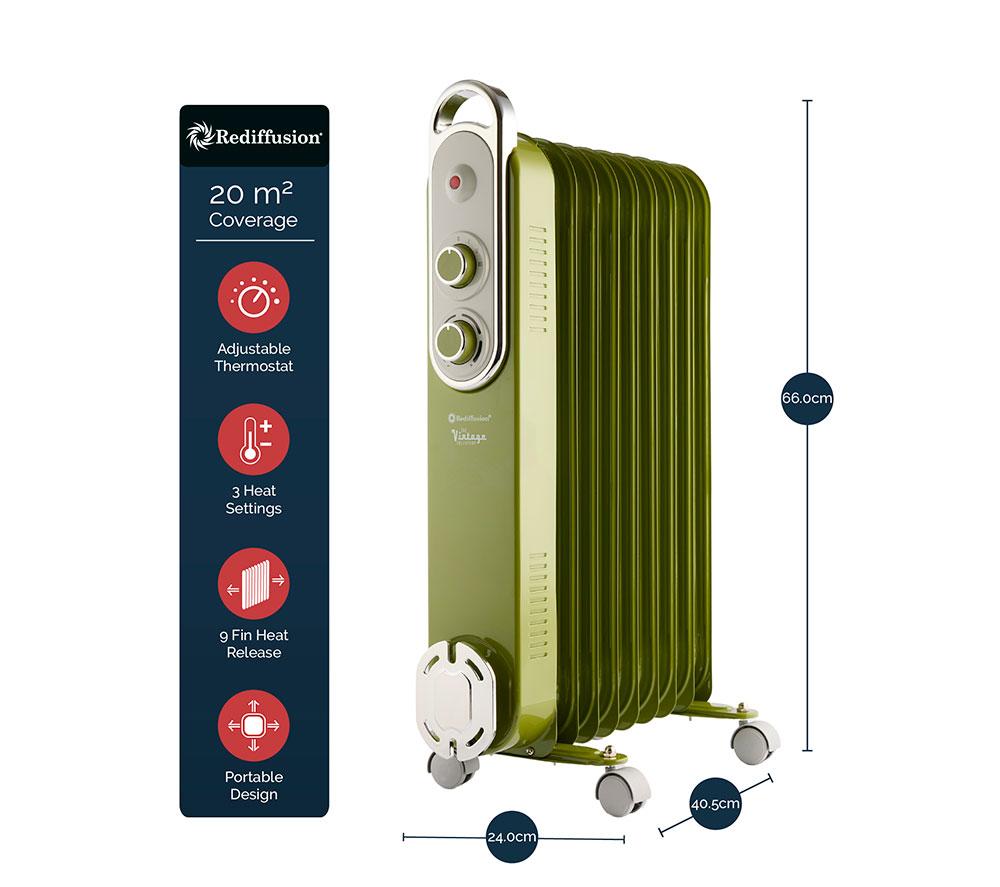REDIFFUSION Rediffusion Vintage REDB14KGRE Portable Oil-Filled Radiator - Sage Green image number 12 of 12