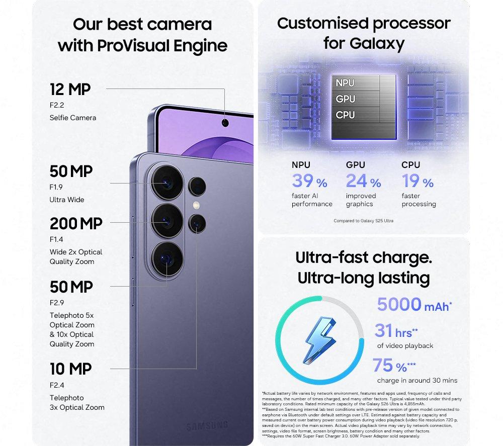 SAMSUNG Galaxy S26 Ultra - 256 GB, Cobalt Violet image number 4 of 13