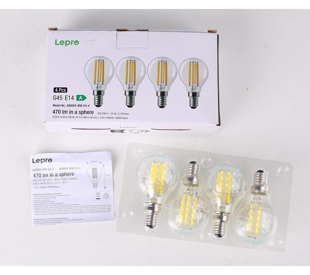 LEPRO Filament LED Light Bulb - E14, Warm White, Pack of 4 image number 2 of 3