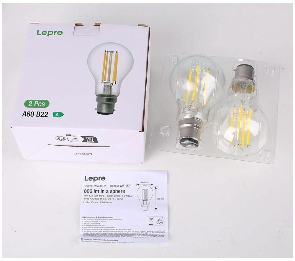 LEPRO Filament LED Light Bulb - B22, Warm White, Pack of 2 image number 4 of 4