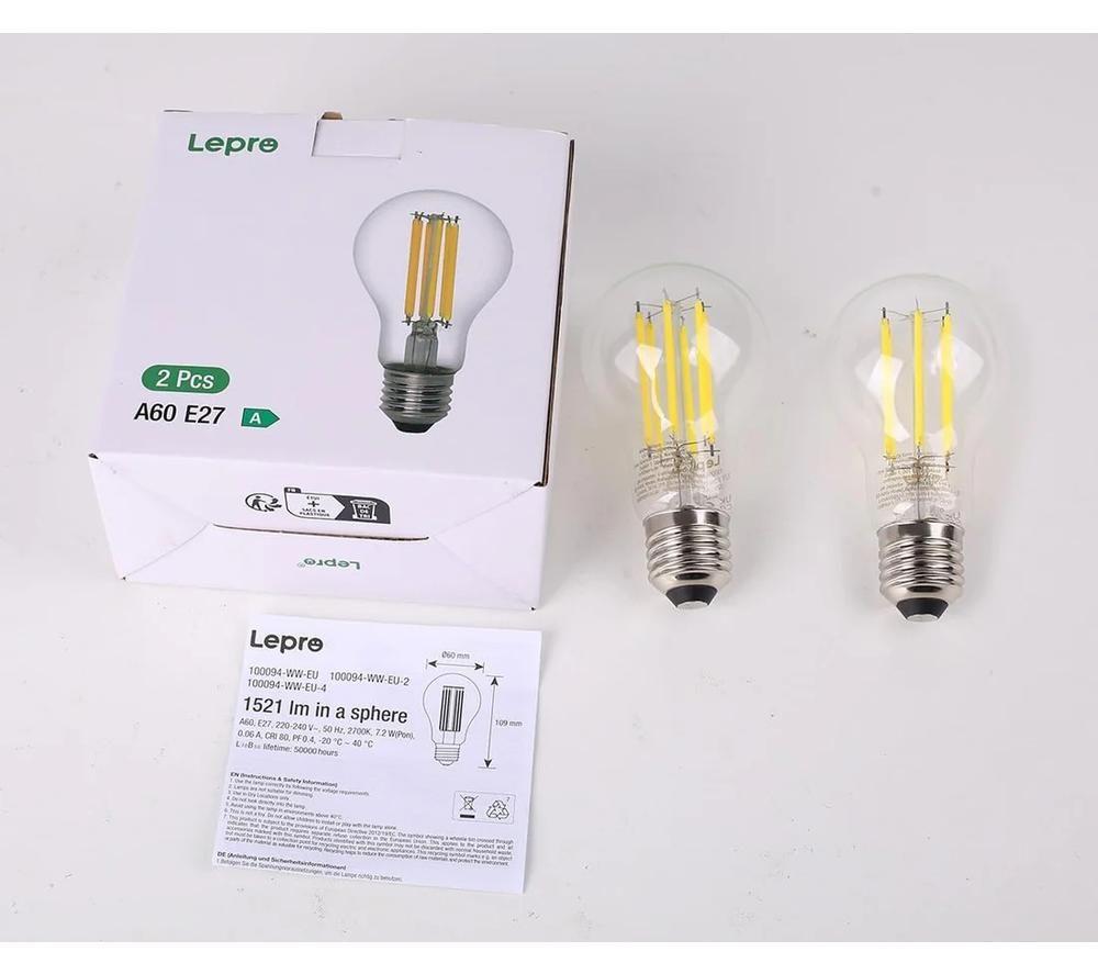 LEPRO Filament LED Light Bulb - E27, Warm White, Pack of 2 image number 4 of 4