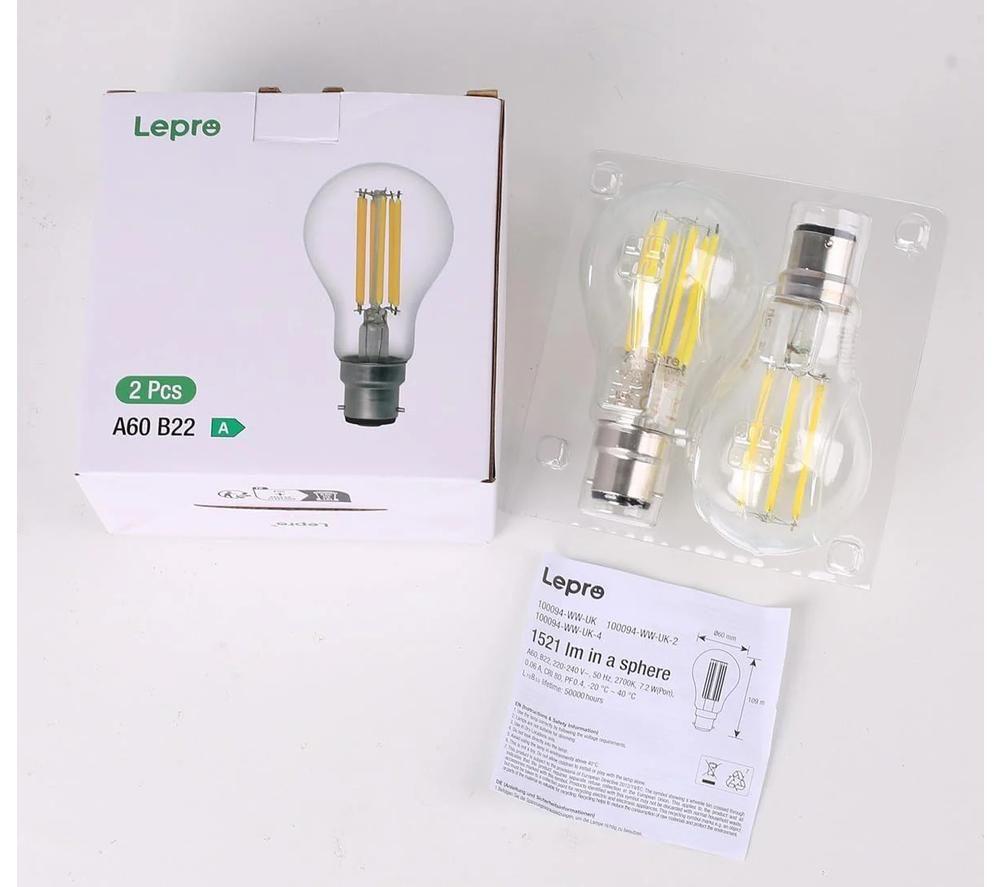 LEPRO Filament LED Light Bulb - B22, Warm White, Pack of 2 image number 3 of 3