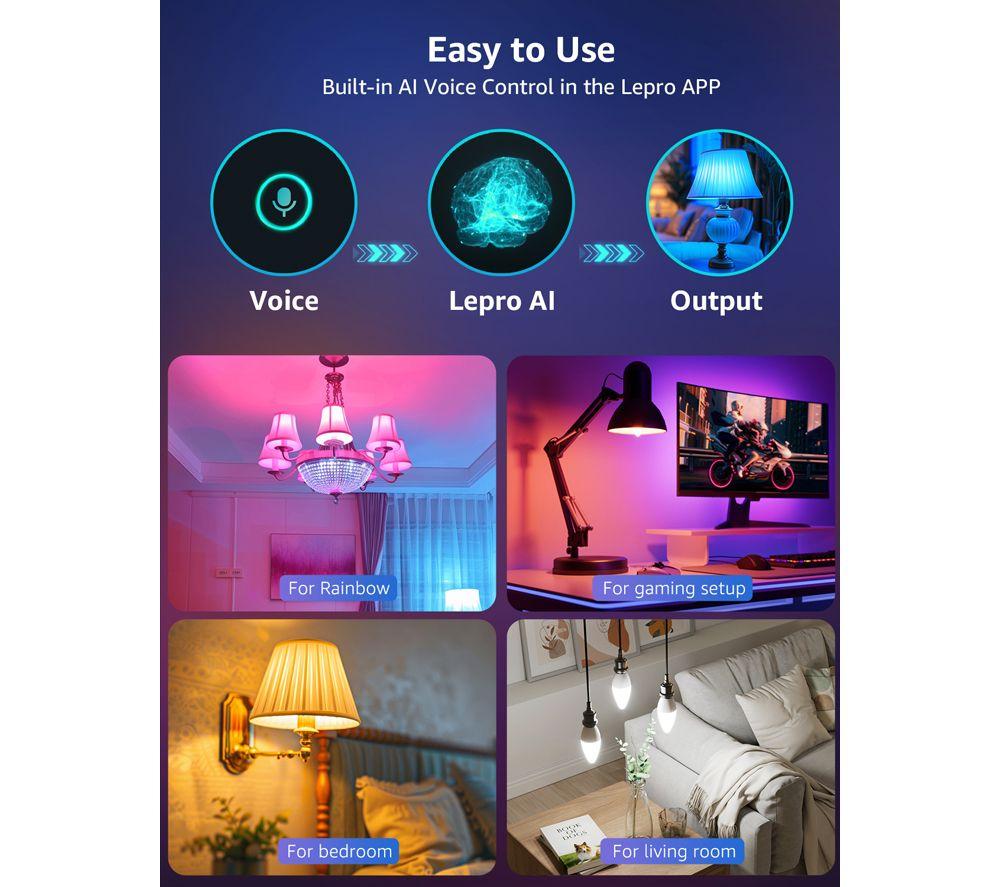 LEPRO BC1-EU-4 Smart AI LED Bulb - C37, White, Pack of 4 image number 8 of 12