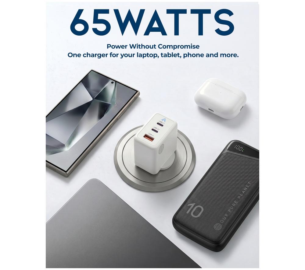 OUR PURE PLANET 65W GaN 2 x USB-C & USB-A Wall Charger - White image number 3 of 9