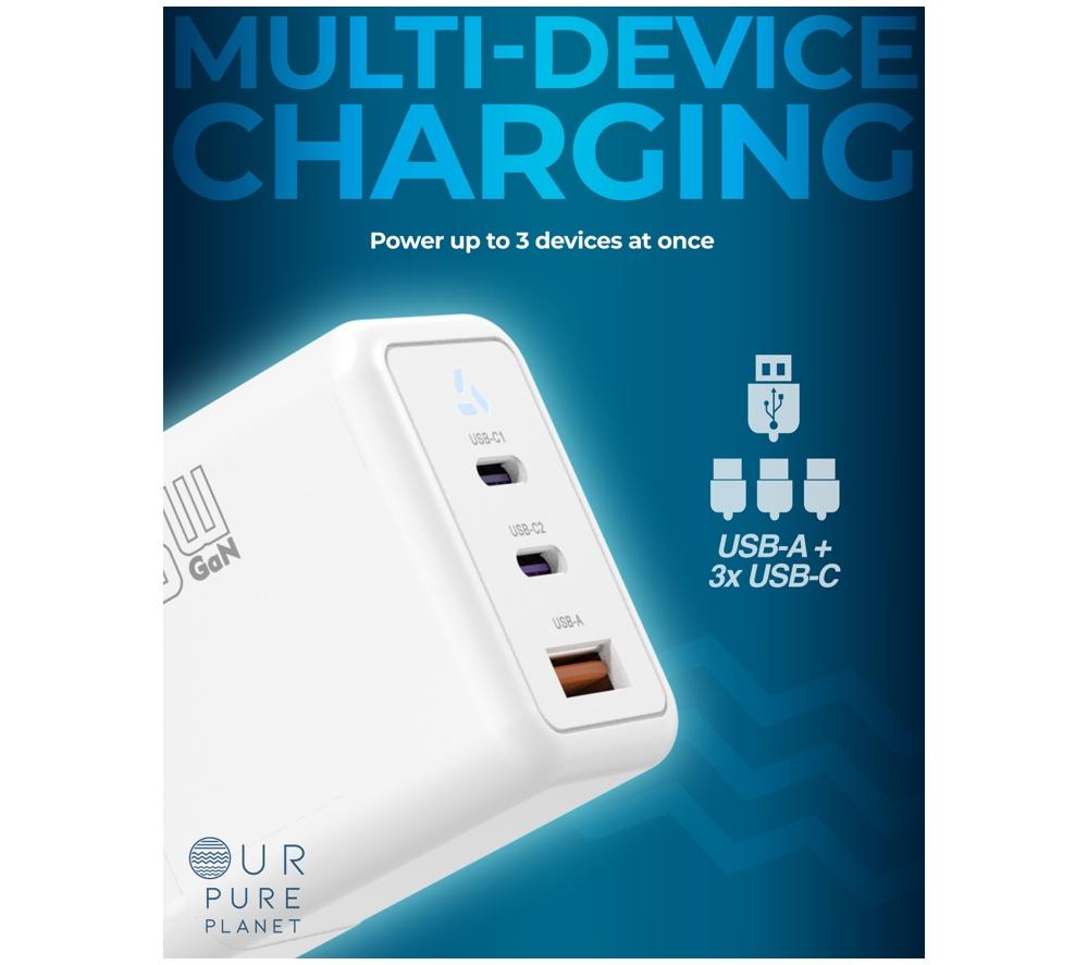 OUR PURE PLANET 65W GaN 2 x USB-C & USB-A Wall Charger - White image number 4 of 9