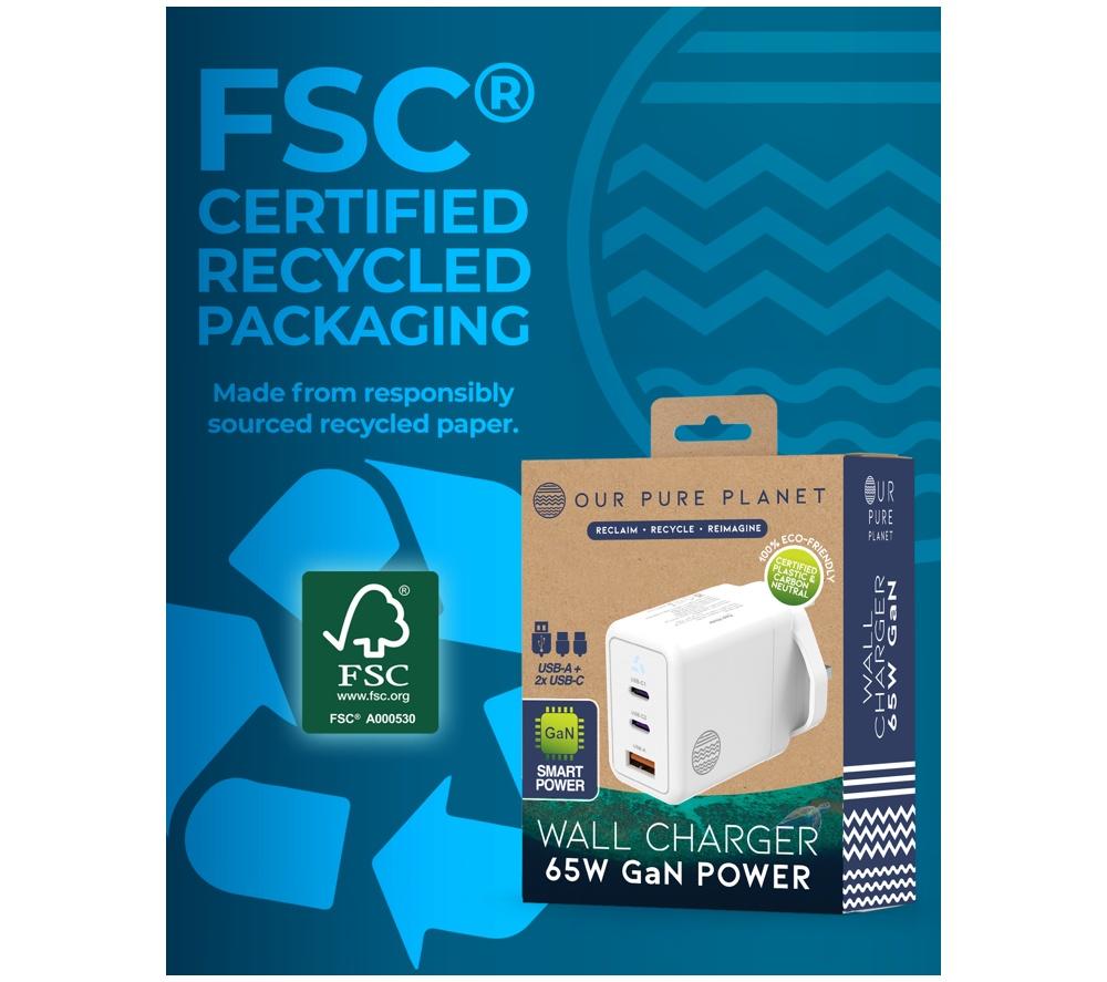 OUR PURE PLANET 65W GaN 2 x USB-C & USB-A Wall Charger - White image number 8 of 9