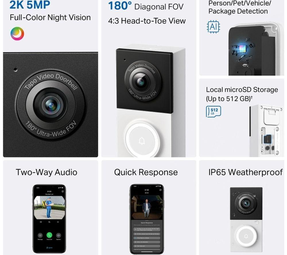 TP-LINK Tapo D130 Smart Wired Video Doorbell with Chime - Black & White image number 4 of 5