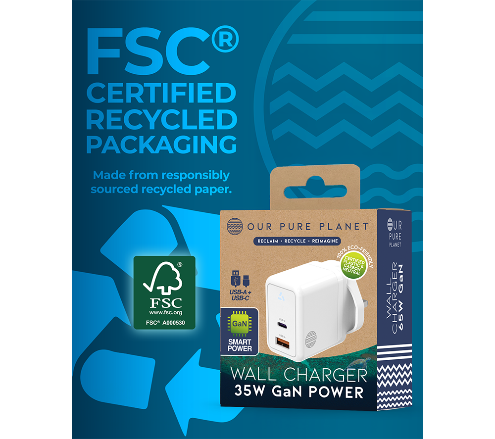 OUR PURE PLANET  35W GaN USB-A + USB-C Wall Charger - White image number 7 of 7