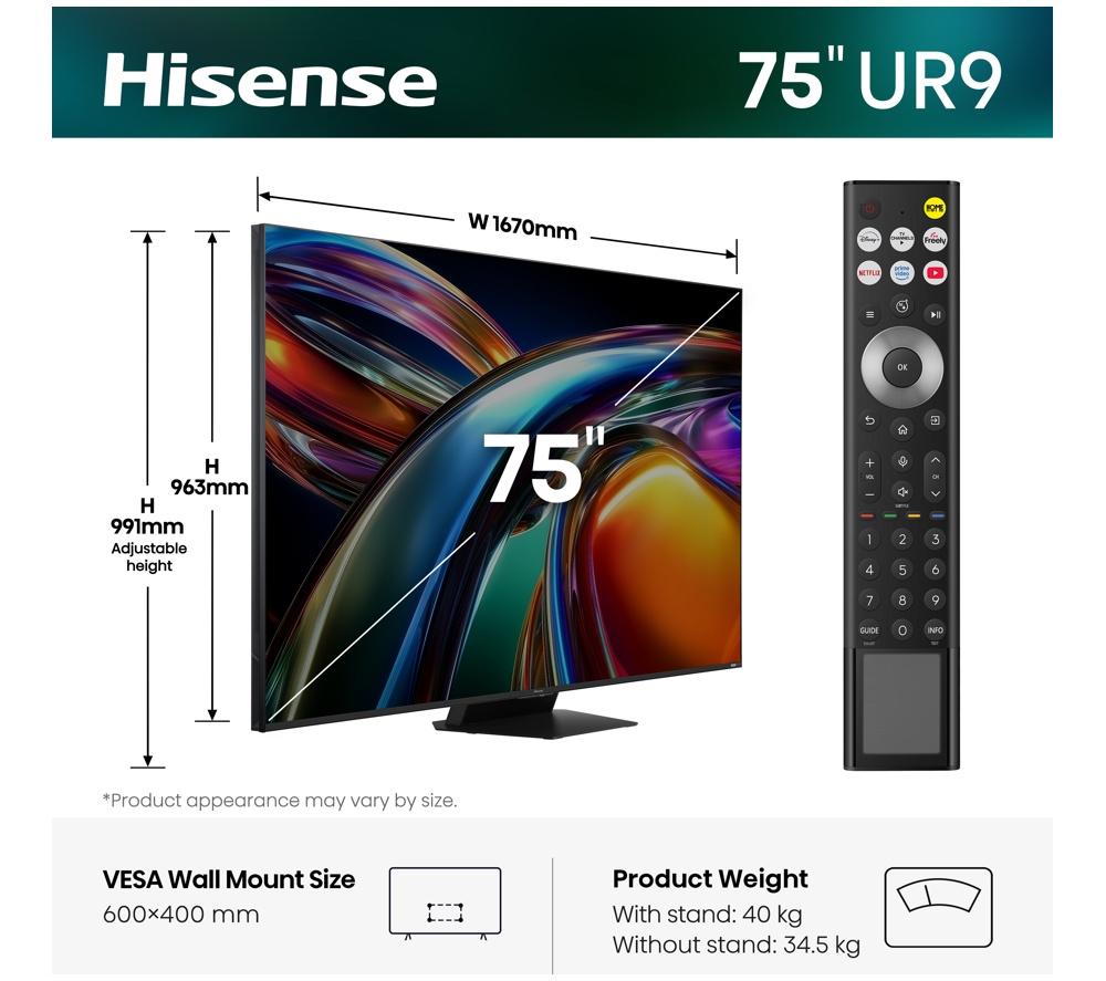 HISENSE 75UR9STUK 75" Smart 4K Ultra HD HDR RGB Mini LED TV image number 2 of 15