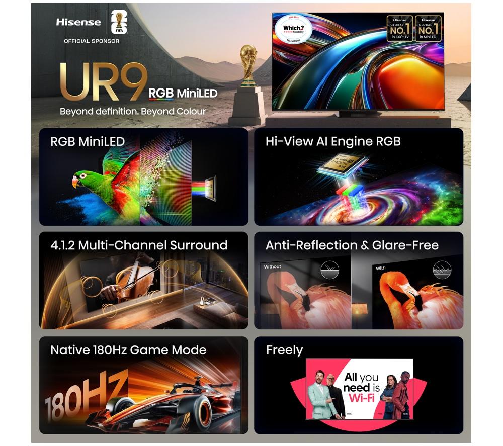 HISENSE 75UR9STUK 75" Smart 4K Ultra HD HDR RGB Mini LED TV image number 3 of 15