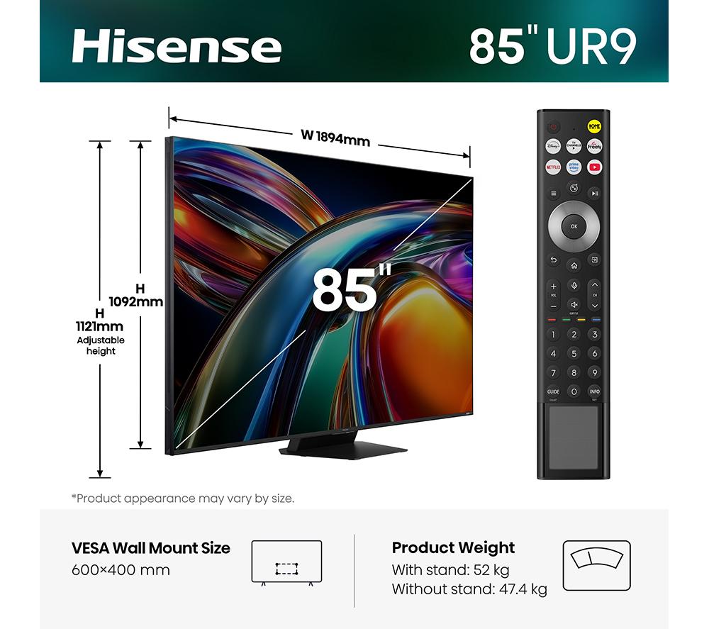 HISENSE 85UR9STUK 85" Smart 4K Ultra HD HDR RGB Mini LED TV image number 2 of 15