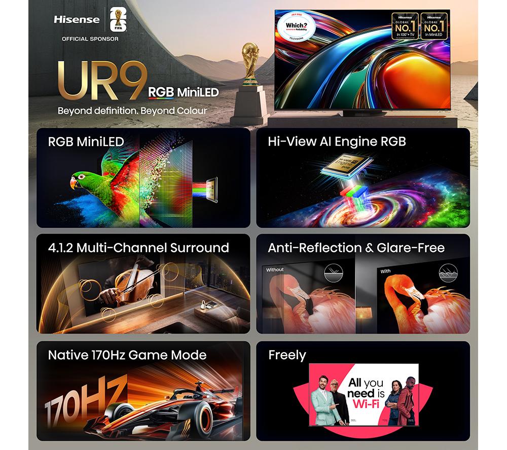HISENSE 65UR9STUK 65" Smart 4K Ultra HD HDR RGB Mini LED TV image number 3 of 15