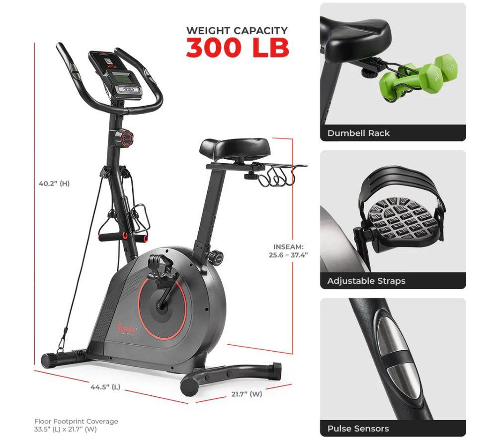 SUNNY HEALTH 16-Level Magnetic Resistance Upright Bike with workout bands - Black image number 3 of 6