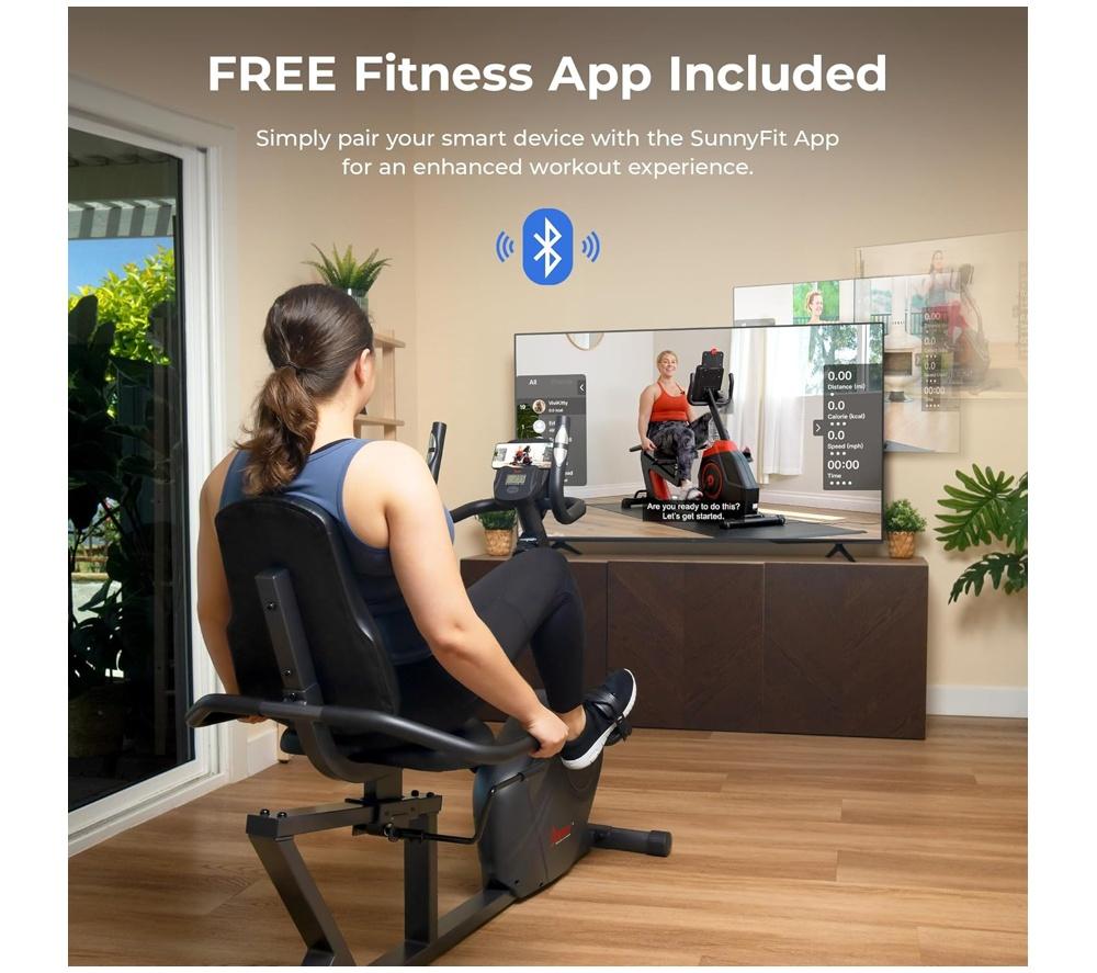 SUNNY HEALTH Smart Bluetooth Magnetic Recumbent Exercise Bike - Black image number 8 of 11