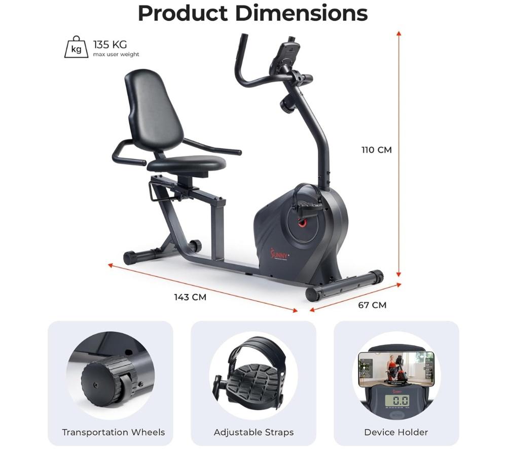 SUNNY HEALTH Smart Bluetooth Magnetic Recumbent Exercise Bike - Black image number 10 of 11