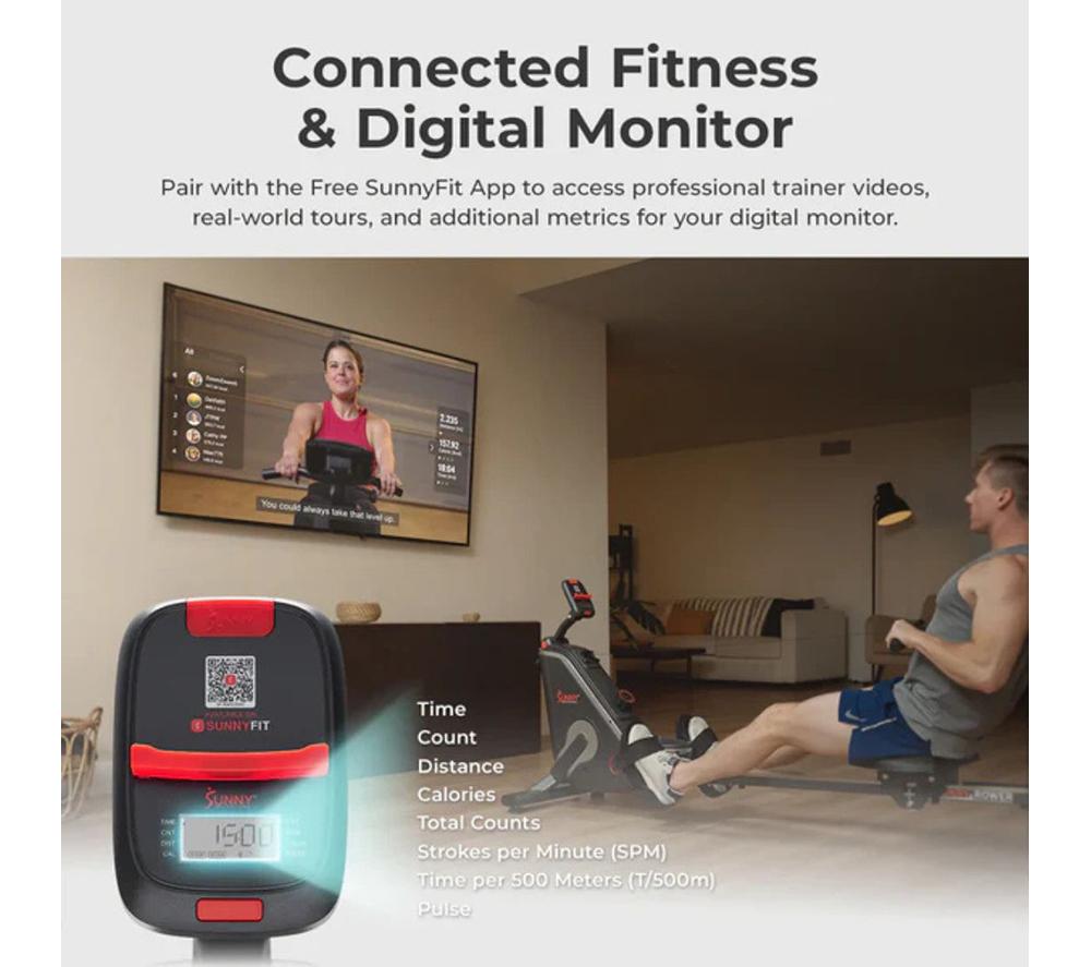 SUNNY HEALTH SF-RW523043 Smart Bluetooth Magnetic Rowing Machine - Black image number 4 of 9