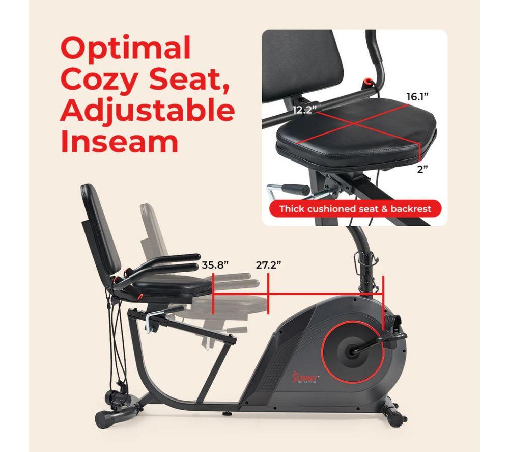 SUNNY HEALTH 16-Level Smart Magnetic Resistance Recumbent Bike - Black image number 3 of 5