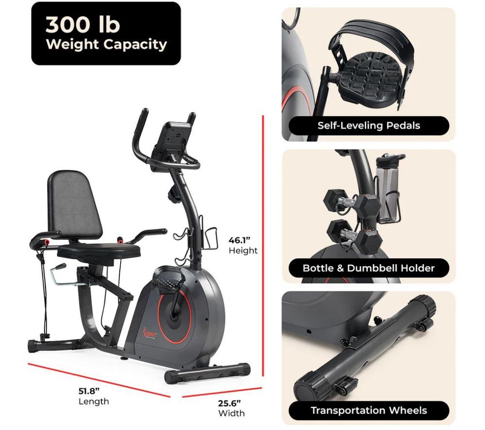 SUNNY HEALTH 16-Level Smart Magnetic Resistance Recumbent Bike - Black image number 4 of 5