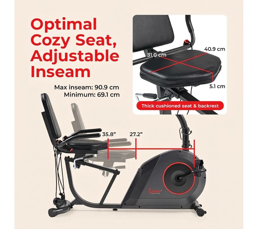 SUNNY HEALTH 16-Level Smart Magnetic Resistance Recumbent Bike - Black image number 6 of 11