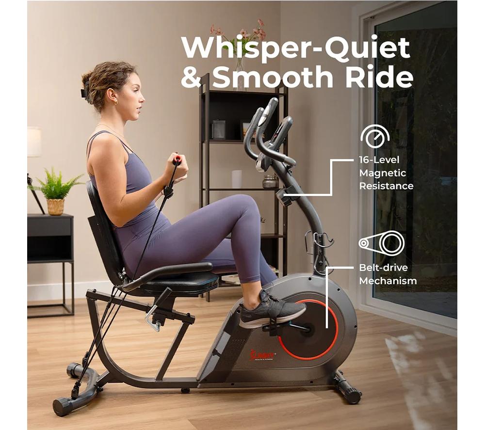 SUNNY HEALTH 16-Level Smart Magnetic Resistance Recumbent Bike - Black image number 8 of 11