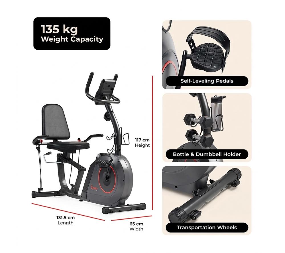 SUNNY HEALTH 16-Level Smart Magnetic Resistance Recumbent Bike - Black image number 10 of 11