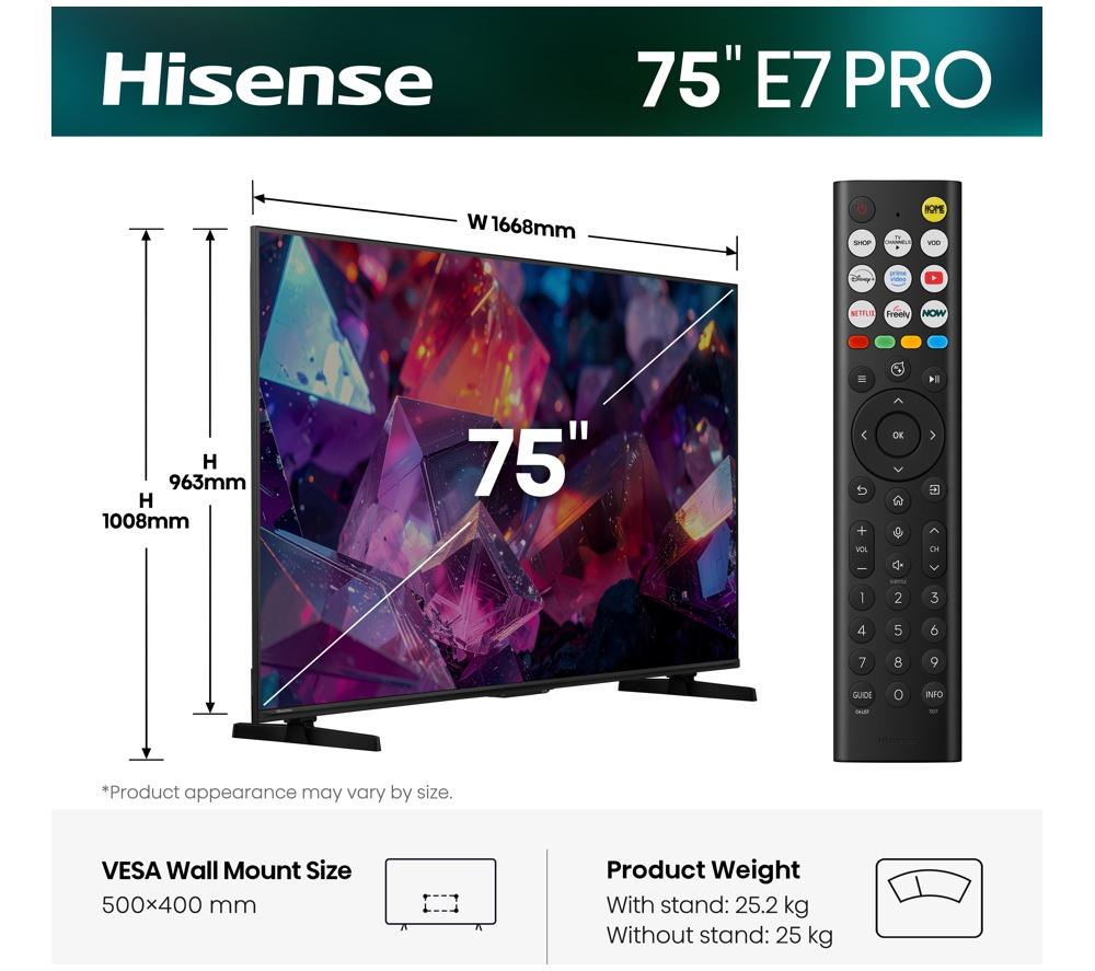 HISENSE E7S PRO 75" QLED 4K HDR Smart TV with Freely - 75E7STUK PRO image number 2 of 14