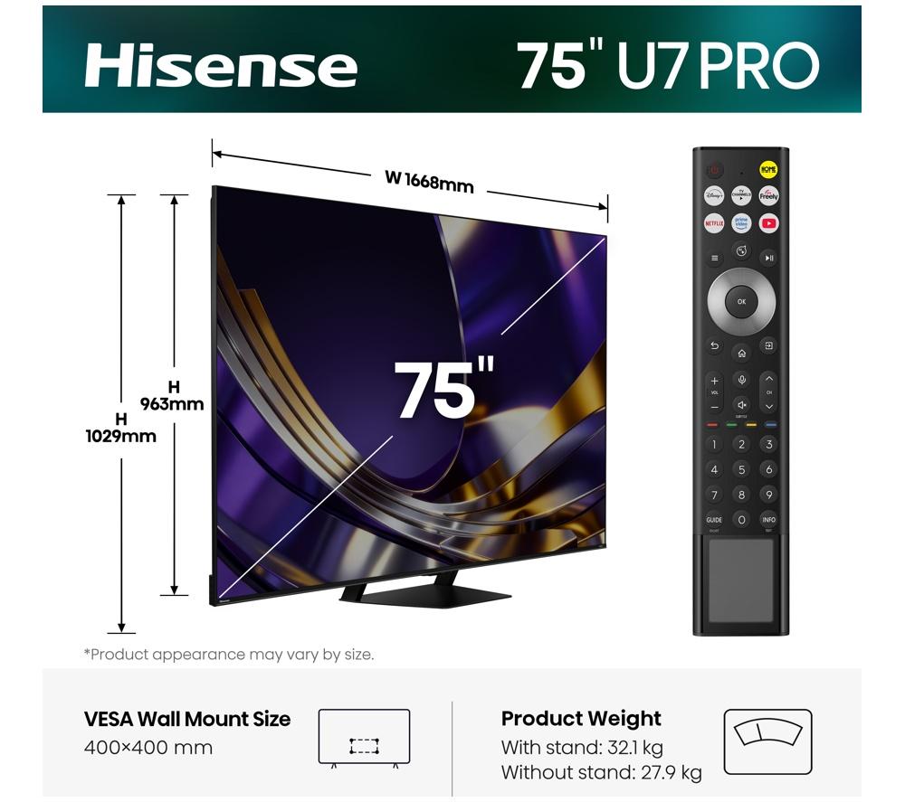 HISENSE U7S PRO 75" Mini LED 4K 165 Hz Smart AI TV with Freely - 75U7STUK PRO image number 2 of 15