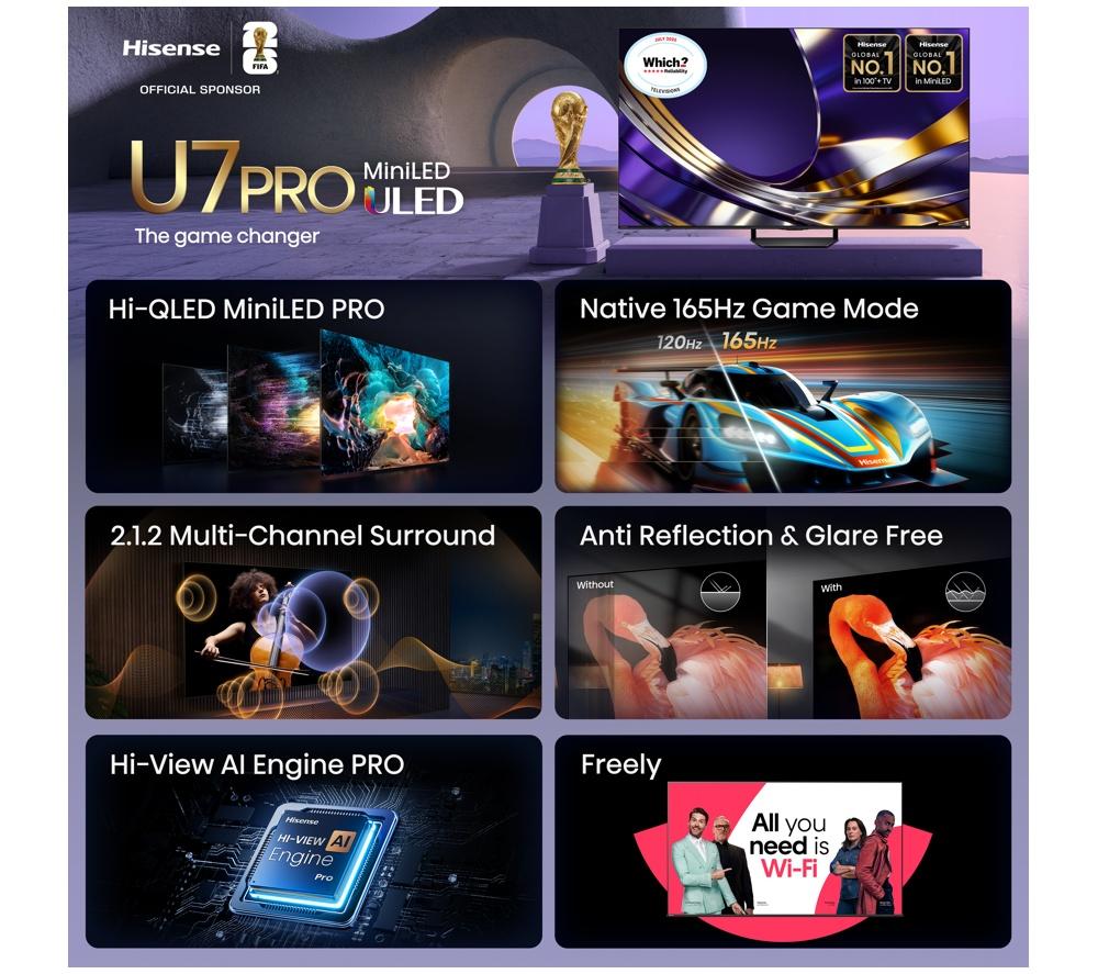 HISENSE U7S PRO 75" Mini LED 4K 165 Hz Smart AI TV with Freely - 75U7STUK PRO image number 3 of 15