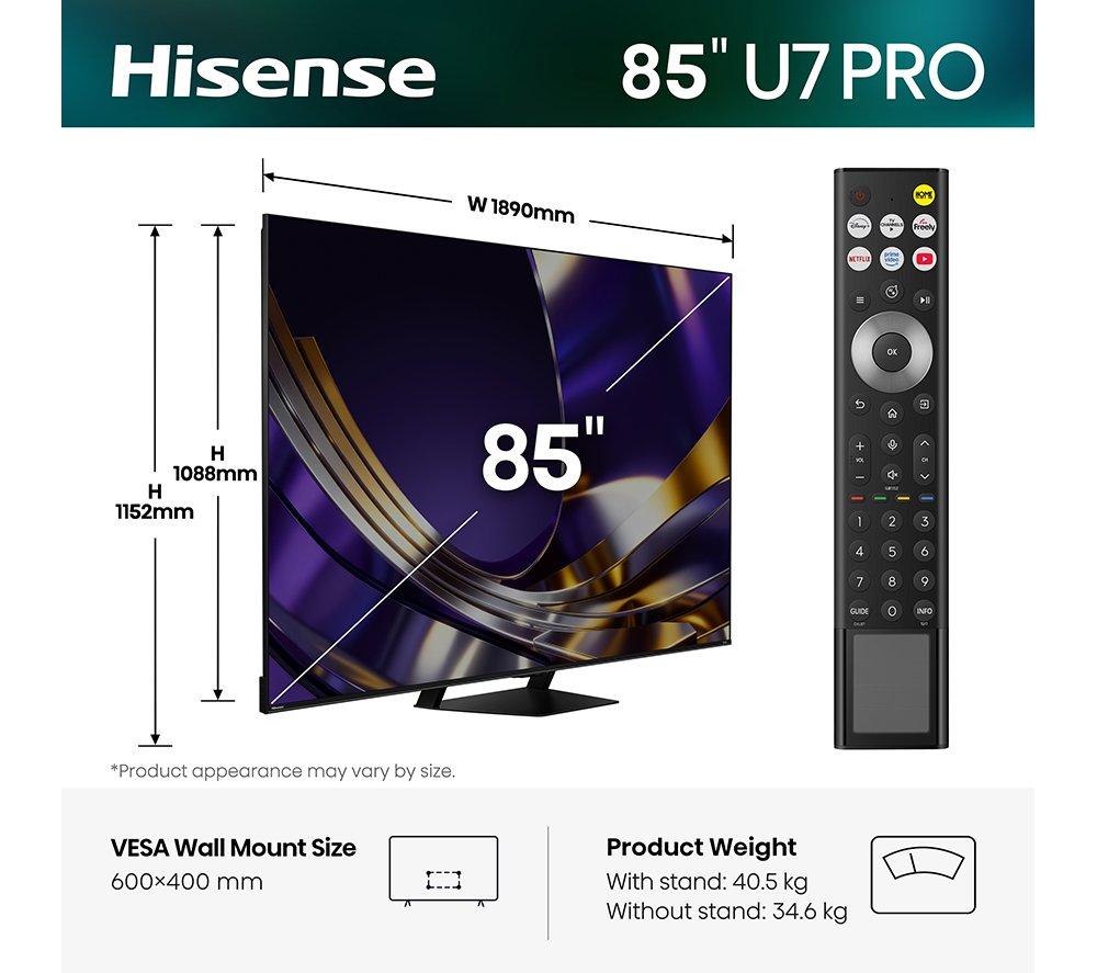HISENSE U7S PRO 85" Mini LED 4K 165 Hz Smart AI TV with Freely - 85U7STUK PRO image number 2 of 15