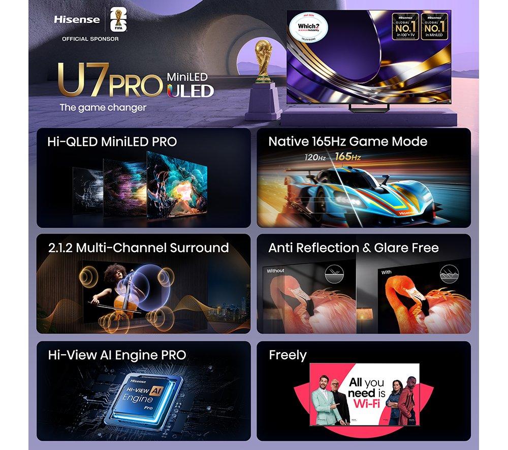 HISENSE U7S PRO 85" Mini LED 4K 165 Hz Smart AI TV with Freely - 85U7STUK PRO image number 3 of 15