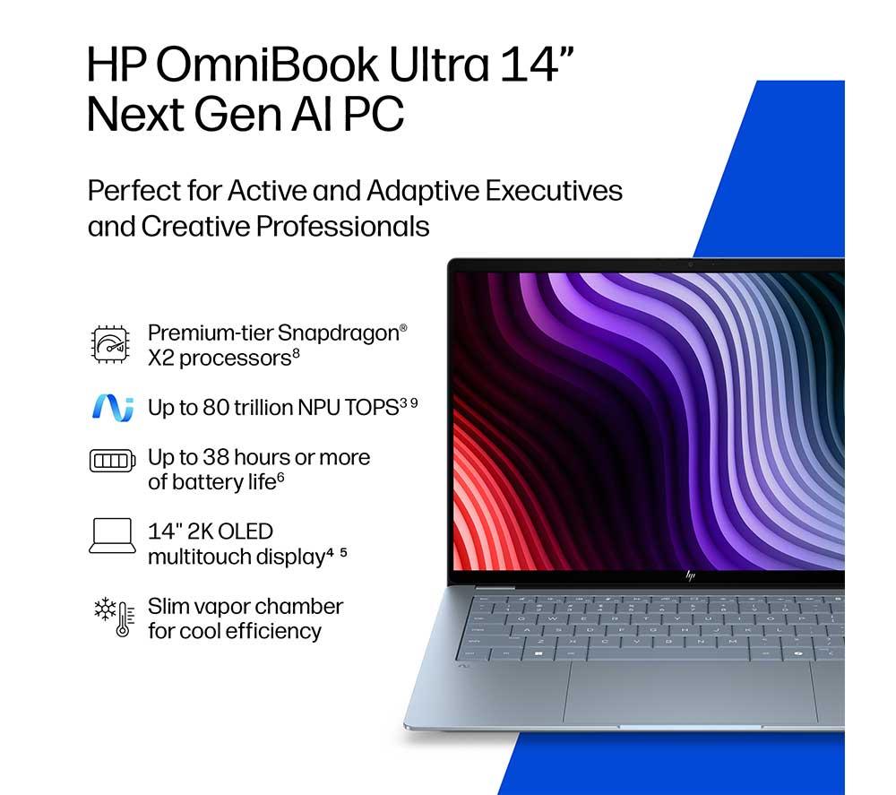HP OmniBook Ultra 14" Laptop - Snapdragon X2 Plus, 512 GB SSD, Stone Blue image number 5 of 33