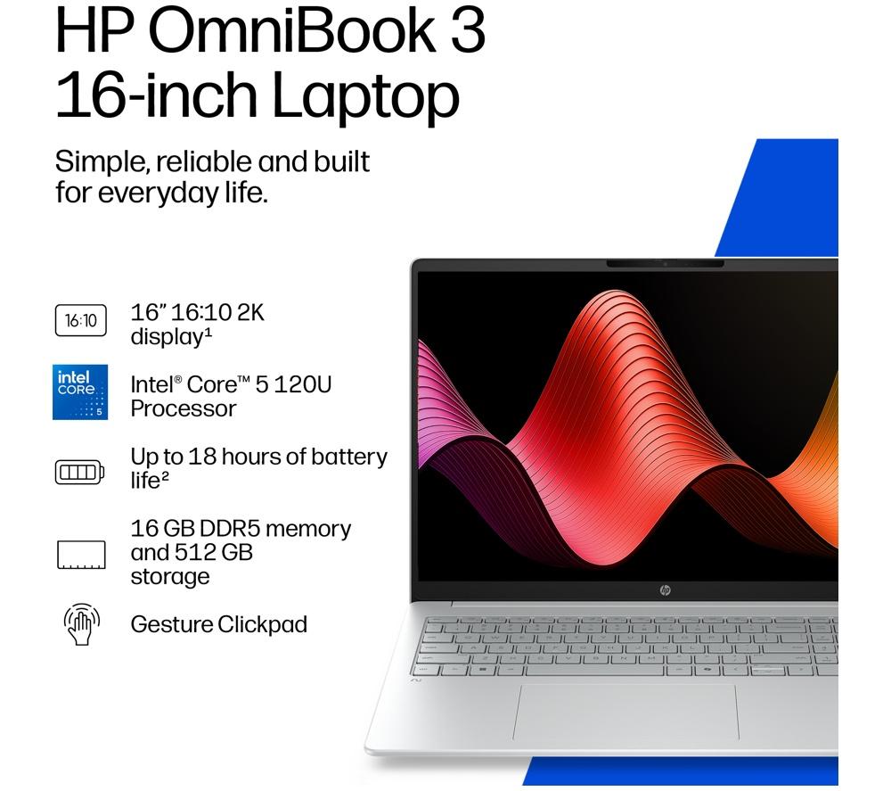 HP OmniBook 3 16" Laptop - Intel&reg; Core&trade; Ultra 5, 512 GB SSD, Silver image number 5 of 18