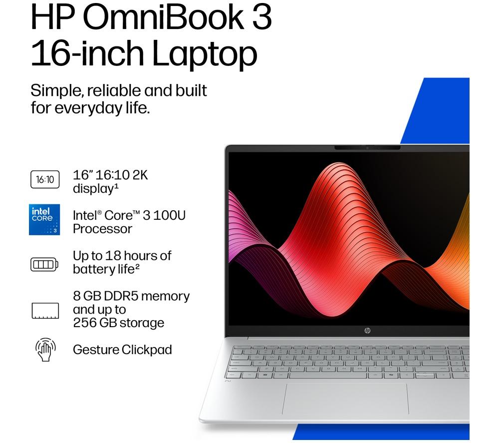 HP OmniBook 3 16" Laptop - Intel&reg; Core&trade; 3, 256 GB SSD, Silver image number 5 of 18