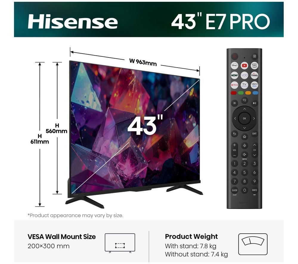 HISENSE E7S PRO 43" QLED 4K HDR Smart TV with Freely - 43E7QTUK PRO image number 2 of 14