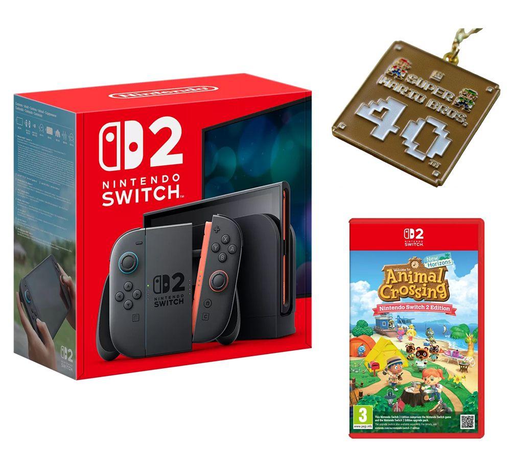 Nintendo Switch 2 + Super Mario Bros 40th Anniversary Keychain + Animal Crossing: New Horizons Bundle, Black